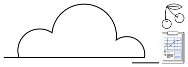 Bulut depolama, teknoloji, veri analizleri, büyüme eğilimleri, minimalizm, taze fikirler. Bir bulutun çizgi çizimi, bir pano ve kiraz ikonu üzerinde büyüyen grafik. Bulut depolama ve veri analiz teması