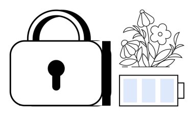 Veri güvenliği, yenilenebilir enerji, sürdürülebilirlik, çevre dostu teknoloji, doğa koruma, enerji depolama. Asma kilit, pil ve çiçek. Veri güvenliği ve yenilenebilir enerji