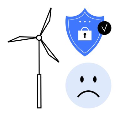 Siber güvenlik kavramı. Güvenli bir kalkan ve asma kilit ile korunan siber güvenlik ve bir rüzgar türbininin yenilenebilir enerji ikonu. Siber güvenlik duygusal sağlıkla bağlantılı. Enerji ve bilişim güvenliği için