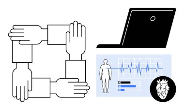 Takım çalışması, dijital sağlık, teletıp, hasta denetimi, sağlık hizmetleri teknolojisi, tıbbi teşhisler. Bilgisayarda birbirine kenetlenmiş eller ve tıbbi veriler. Takım çalışması ve dijital sağlık