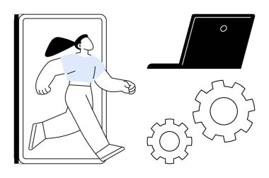 Dijital dönüşüm, teknoloji, iş akışı otomasyonu, yenilik, takım çalışması, online araçlar. Ekrandan, laptoptan ve viteslerden çıkan soyut bir insan. Dijital dönüşüm ve teknoloji kavramı