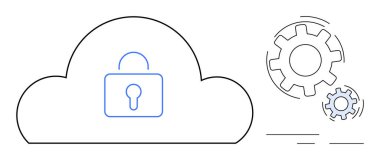 Siber güvenlik, veri koruması, bulut depolama, bilişim altyapısı, güvenli erişim, teknoloji işlemleri. Asma kilit ve mekanik vitesli bir bulut. Siber güvenlik ve veri koruma kavramı