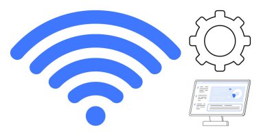 İnternet bağlantısı, ağ kurulumu, teknoloji arayüzleri, çevrimiçi iletişim, sistem işlevselliği, dijital sistemler. kablosuz sinyal simgesi, vites sembolü ve monitör ekranı. İnternet bağlantısı
