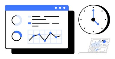 Veri analizleri, zaman izleme, iş performansı, verimlilik, teknoloji, iş akışı izleme. Grafikleri, saati ve dizüstü bilgisayarı olan bir panel. İş için veri analizi ve zaman izleme