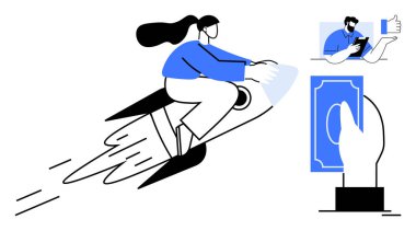 Innovation, digital payments, ecommerce, business growth, financial technology, remote interactions. Woman riding rocket, tablet interaction money exchange. Innovation and digital payments concept