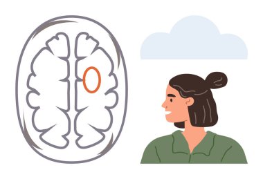 Akıl sağlığı, nöroloji, beyin aktivitesi, bilişsel düşünce, tıbbi araştırma, insan ilişkileri. Beynin diyagramı işaretlenmiş bir kadın ile birlikte. Zihinsel sağlık ve nöroloji kavramları