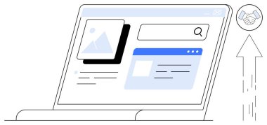 Online collaboration, digital communication, teamwork, search tools, business services, web interfaces. Laptop displaying a web interface with search bar and graphics. Online collaboration