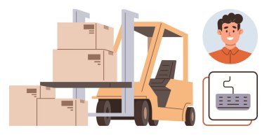 Lojistik, depo yönetimi, otomasyon, nakliye hizmetleri, teknoloji, tedarik zinciri. Forklift, üzerinde operatör portresi ve kontrol arayüzü olan kutular taşıyor. Lojistik ve otomasyon teknolojileri