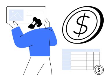 Mali güvenlik, kişisel kimlik, bütçe, ekonomik planlama, muhasebe, dijital finans. Kimlik kartı, dolar işareti ve veri tablosu tutan kişi. Mali güvenlik ve bütçe kavramları