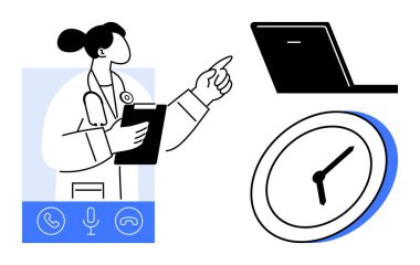 Teletıp, sağlık hizmetlerine erişim, uzaktan konsültasyonlar, zaman yönetimi, çevrimiçi tıbbi danışmanlık, sağlık teknolojisi. Doktor saat ve iletişim simgeleriyle bilgisayarı işaret ediyor. Teletıp