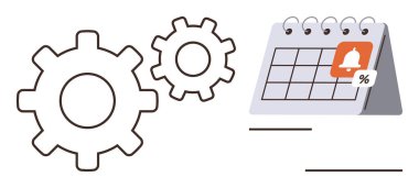 Görev yönetimi, iş akışı planlaması, otomasyon, verimlilik, programlama, hatırlatıcı. Takvimin yanında çan simgesi ve yüzdesi olan vitesler. Görev yönetimi ve iş akışı planlama kavramı