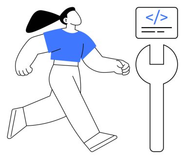 Web geliştirme, kodlama eğitimi, teknolojik yenilik, kariyer büyümesi, programlama araçları, yazılım mühendisliği. Kodlama sembolü ve ingiliz anahtarı yanında yürüyen bir kadın. Web geliştirme ve kodlama eğitimi kavramı