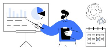 İş, veri analizleri, proje yönetimi, strateji, iş akışı, planlama. Çizelge ve grafiklerde pano noktaları olan bir adam. İş ve veri analizi kavramı