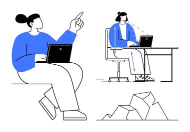 Uzaktan kumanda. İş adamları ofisteki dizüstü bilgisayarlarla etkileşime geçip uzaktan çalışıyor. Uzaktan çalışma esneklik, dijital işbirliği ve işyeri verimliliği. Serbest çalışmak için, uzak görevler