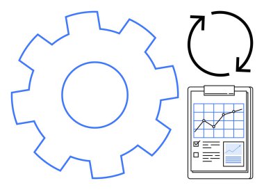 Çalışma akışı optimizasyonu, verimlilik yönetimi, veri analizleri, süreç iyileştirmesi, iş performansı, görev izleme. Vites, dairesel oklar ve grafikli pano. Verimlilik ve iş akışı