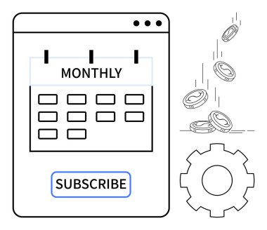 Abonelik hizmetleri, otomasyon, aylık ödemeler, e-ticaret, dijital ekonomi, fintech çözümler. Abonelik düğmesi, bozuk paraları ve vites simgesiyle dijital takvim. Üyelik hizmetleri