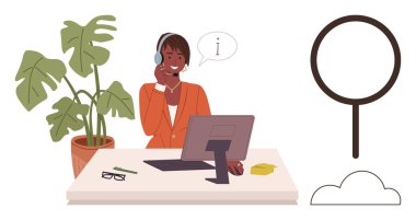 Müşteri hizmetleri, bilgi dağıtımı, iletişim, işyeri desteği, çevrimiçi yardım, uzaktan yardım. Bir danışma masasında bilgi ikonuyla konuşan biri. Müşteri hizmetleri