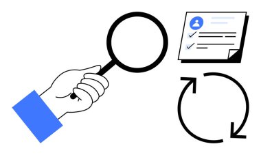 Kontrol listesinin üzerinde büyüteçle el ele tutuşurken yanında da iki döner ok var. Araştırma, analiz, değerlendirme, değerlendirme, kalite kontrol, geri bildirim süreci iyileştirme için idealdir. Basit düz