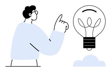 Yaratıcılık, yenilik, fikir geliştirme, problem çözme, öğrenme, bilgi. Minimalist, modern tasarımda bulutları olan büyük bir ampulü işaret eden bir adam. Yaratıcılık ve yenilik