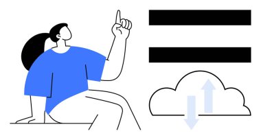 Kadın, kalın eşitlik işaretinin yanında yukarı doğru hareket eder ve yukarı ve aşağı oklarla bulutlar oluşturur. Eşitlik, adalet, teknoloji, sosyoloji, bulut hesaplama, çeşitlilik, güçlendirme için ideal. Basit bir daire.