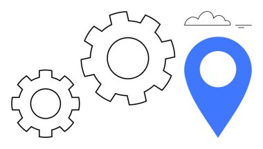 Harita navigasyon konsepti. Navigasyon sistemlerindeki dişli optimizasyonla birleştirilmiş mavi bir lokasyon iğnesi. Harita navigasyonu lojistik, GPS, seyahat planlaması, teknoloji, dijital araçları destekler