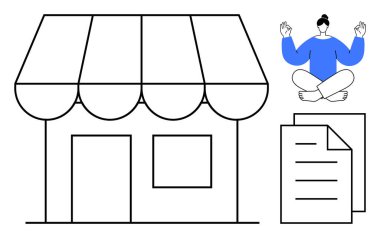 İş stratejisi, kişisel bakım, verimlilik, perakende satış, farkındalık, belgeler. Bir dükkan önü, meditasyon yapan biri ve belgeler. Kişisel bakım ve iş stratejisi kavramı