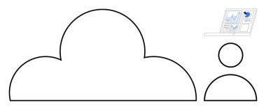 Bulut depolama, kullanıcı verileri, analitik, dijital dönüşüm, çevrimiçi hizmetler, teknoloji eğilimleri. Laptop ekranında minimalist bulut, kullanıcı simgesi ve veri tablosu. Bulut depolama ve kullanıcı veri kavramı