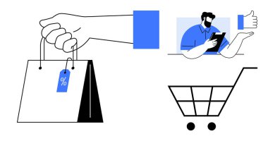 E-commerce, retail, online purchasing, digital sales, customer communication, shopping discounts. A hand holds a bag, a man interacts on a tablet and a shopping cart nearby. E-commerce and retail