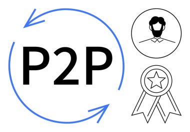 Eşler arası ağlar, işbirliği, tanıma sistemleri, dijital işlemler, sosyal etkileşim, takım çalışması. P2P etrafında dairesel oklar, kullanıcı profili ödül rozeti. Eş paylaşımlı ağlar