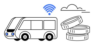 Toplu taşıma, akıllı şehirler, dijital ödeme, çevrimiçi bağlantı, şehir içi ulaşım, teknoloji. Kablosuz sinyalli otobüs, bozuk paralar ve bulut simgesi. Toplu taşıma ve akıllı şehir kavramı
