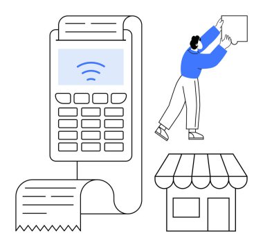 Temassız ödeme konsepti. POS terminali, makbuz ve perakende satış mağazası modern ödeme çözümleri sergiliyor. Temassız teknoloji, alışveriş kolaylığını ve güvenliği arttırır. E-ticaret için, perakende