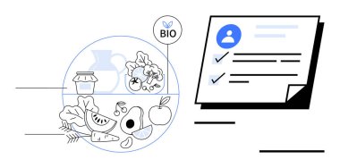 Organik ürünler onay listesinin yanında meyve, sebze ve biyo etiketli kavanozları destekliyor. Sertifika, eko-etiketleme, organik gıda, sürdürülebilirlik, kalite güvencesi, sağlıklı