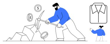 Finansal büyüme, madencilik, yatırımlar, sıkı çalışma, ekonomi, dijital para birimi. Kazma kullanarak bir kadın ve tişört ikonunun yanında madeni para çıkaran bir adam. Finansal büyüme ve madencilik kavramları