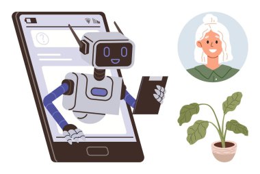 Yapay zeka, sanal yardım, teknoloji iletişimi, uzaktan çalışma, dijital etkileşim, çevrimiçi destek. Robot, elinde tabletle telefondan çıkıyor. Yapay zeka ve sanal yardım