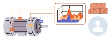 Endüstriyel otomasyon, tahmini bakım, lojistik izleme, büyük veriler, imalat, operasyonel verim. Isı sensörlü motor, veri tablosu kasaları ve kullanıcı simgesi. Otomatik