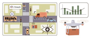 Akıllı şehirler, yapay zeka teknolojisi, trafik kontrolü, kuadkopter dağıtımı, şehir hareket kabiliyeti, veri izleme. Yapay zeka yönetim araçlarıyla şehir kesişmesi, Quadcopter taşıma paketi, veri analizi grafiği