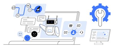 Customer service, workflow automation, system integration, chatbot technology, AI communication, business tools. Robot assistant with messaging icons and operational workflow. Customer service