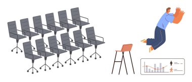 İş yeri yeniliği, iş geçişleri, kariyer sorunları, takım çalışması, organizasyon verileri, çalışan ölçümleri. Sıra sıra ofis sandalyeleri, veri tablosu ve iş başında bir figür. İşyeri yeniliği ve işi