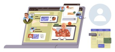 Uzaktan çalışma, sanal işbirliği, çevrimiçi eğitim, telekonferans, iş akışı yönetimi, dijital ağ. İletişim araçlarını ve görev yönetimi uygulamalarını gösteren dizüstü bilgisayar ekranı. Uzak çalışma