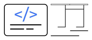 Web geliştirme, teknoloji öğrenme, programlama, minimum tasarım, yazılım oluşturma, kodlama ortamı. Masası ve soyut çizgileri olan bir kodlama sembolü. Web geliştirme ve programlama kavramı