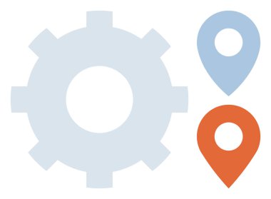 Teknoloji, navigasyon, işlem yönetimi, konum hizmetleri, endüstri, sistem optimizasyonu. Mavi ve turuncu lokasyonlu bir vites. Navigasyon ve teknoloji konsepti