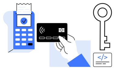 Temassız ödeme, siber güvenlik, çevrimiçi işlemler, kimlik doğrulama, finansal teknoloji, veri koruması. Terminalin yanında kart tutan bir el, anahtar bir güvenlik. Temassız ödeme