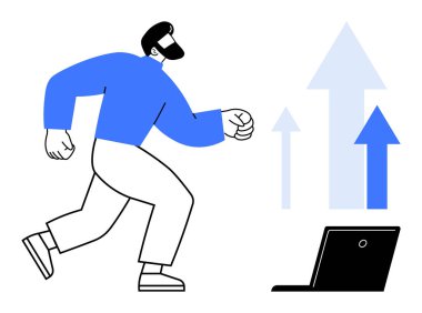 İş geliştirme, dijital ilerleme, veri analizi, teknoloji trendleri, kariyer büyümesi, verimlilik. Bir adam yukarı doğru oklu bir dizüstü bilgisayarla karşı karşıya. İş geliştirme ve dijital ilerleme teması