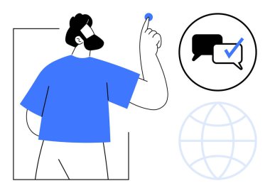 Dijital ikonları işaret eden bir adam konuşma balonu ve kontrol işareti ile çevrimiçi mesajlaşmayı ve fikirleri temsil ediyor. İletişim, ağ oluşturma, işbirliği, teknoloji, küreselleşme, sosyal medya için ideal