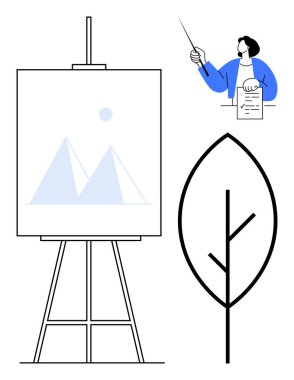 Minimalist dağ sanatı, elinde belge tutan ve işaret eden kişi, soyut yaprak taslağı. Yaratıcılık, sunum, öğretim, tasarım, eğitim sürdürülebilirlik sanatı için idealdir. Basit düz