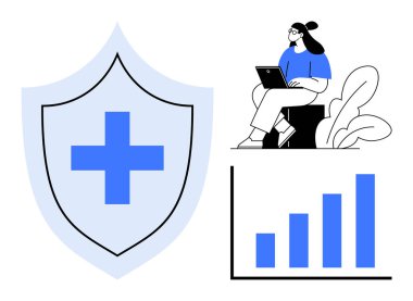 Dijital güvenlik kavramı. Dijital kalkan koruması, bir büyüme çizelgesi ve bilgisayarlı bir kadın siber güvenliği, ilerlemeyi ve güvenliği destekliyor. Veri gizliliği, iş ve finans için ideal