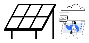Yenilenebilir enerji kavramı. Güneş paneli ve sürdürülebilirliğe bağlı dijital aletlerle yenilenebilir enerji. Ekolojik gelişim ve enerji verimliliği için yenilenebilir enerji eğitimi. Yenilenebilir