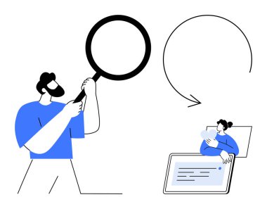 Veri analiz konsepti. Bir kadın tabletle etkileşime girerken elinde büyüteç veri analizi ve araştırma tutan bir adam. Teknoloji, araştırma, iş ve eğitim alanlarında veri analizi