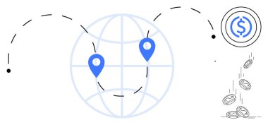 Uluslararası bankacılık, finansal işlemler, para transferi, ödeme sistemleri, küresel ekonomi ve havale. Yer göstergeleri ve düşen madeni paralar simgesiyle dolu bir dünya. Uluslararası bankacılık