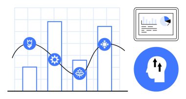 Data analysis. Data analysis seasonal trends and business growth. Graphs and diagrams illustrate key statistics. Suitable for business, finance, data science, forecasting, and analytics